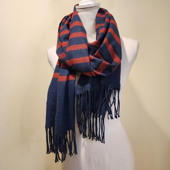Land's End Stripea navy and red acrylic unisex fringe Scarf - Picture 2 of 8